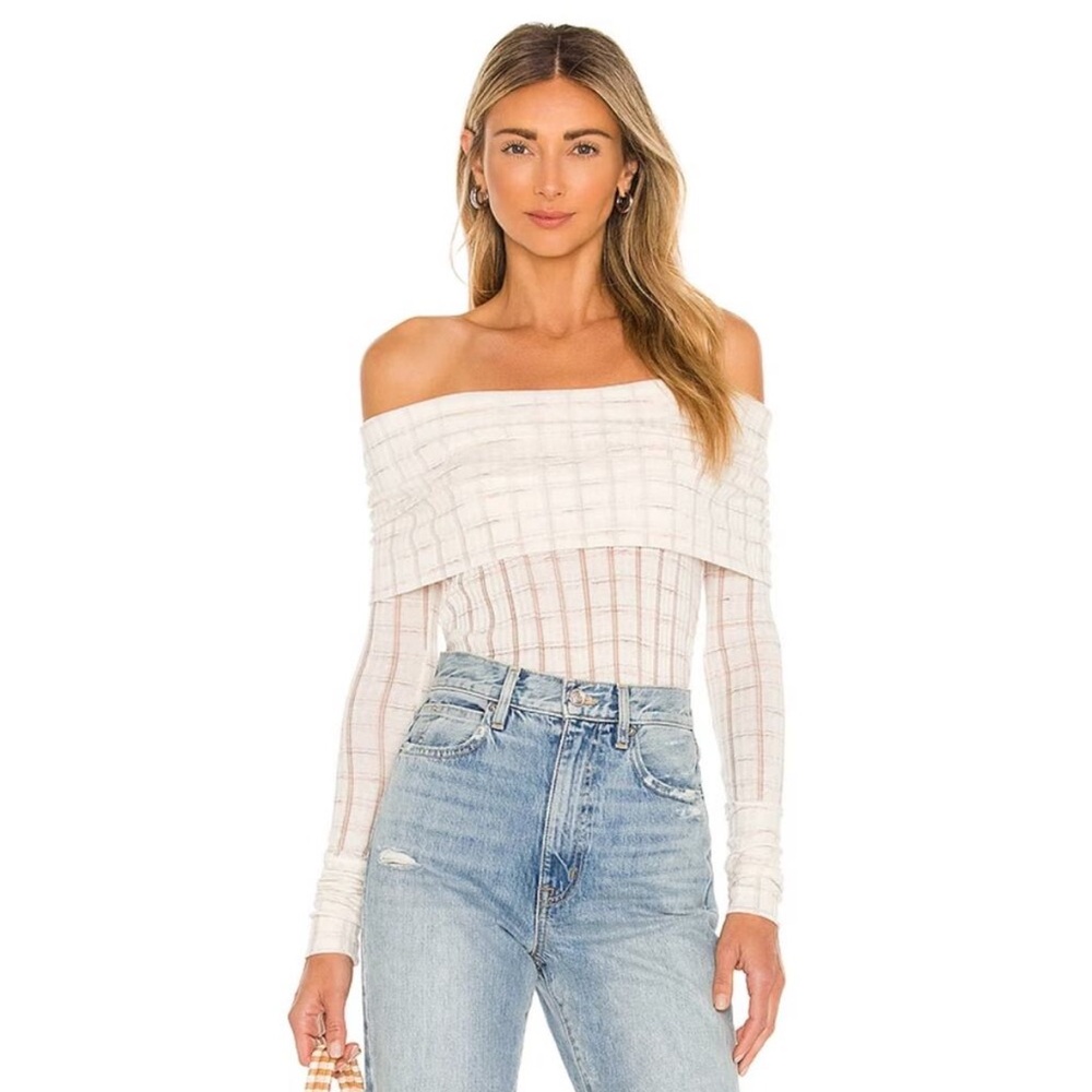 Free People We The Free Ivory Snowbunny Girlfriend Ribbed Off The Shoulder Top